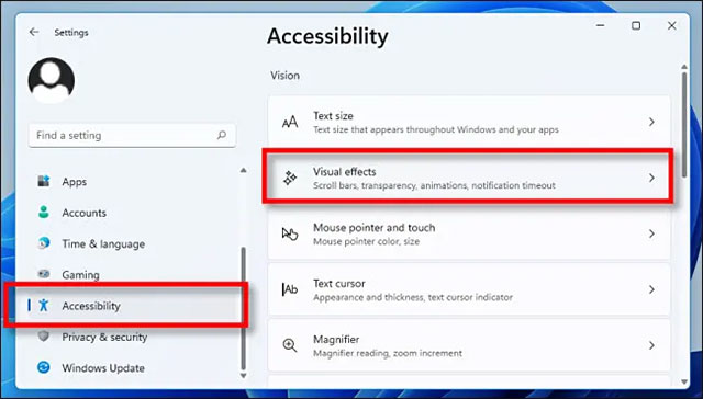 Tắt hiệu ứng trong suốt để tăng tốc Windows 11