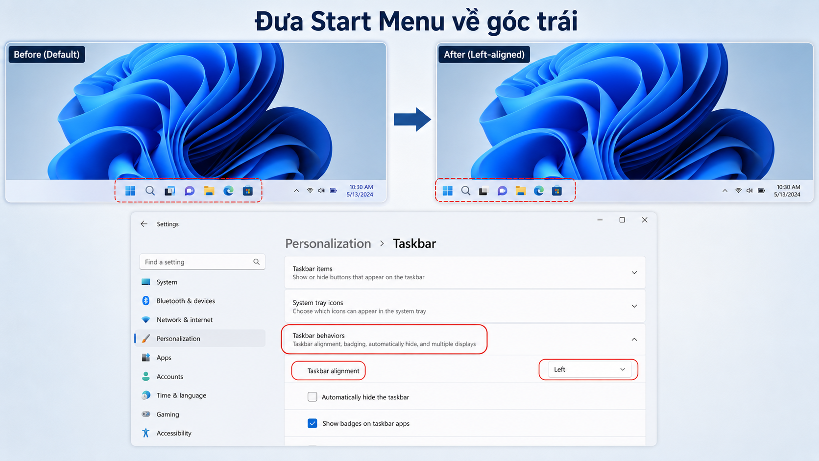 Đưa Start Menu về góc trái màn hình
