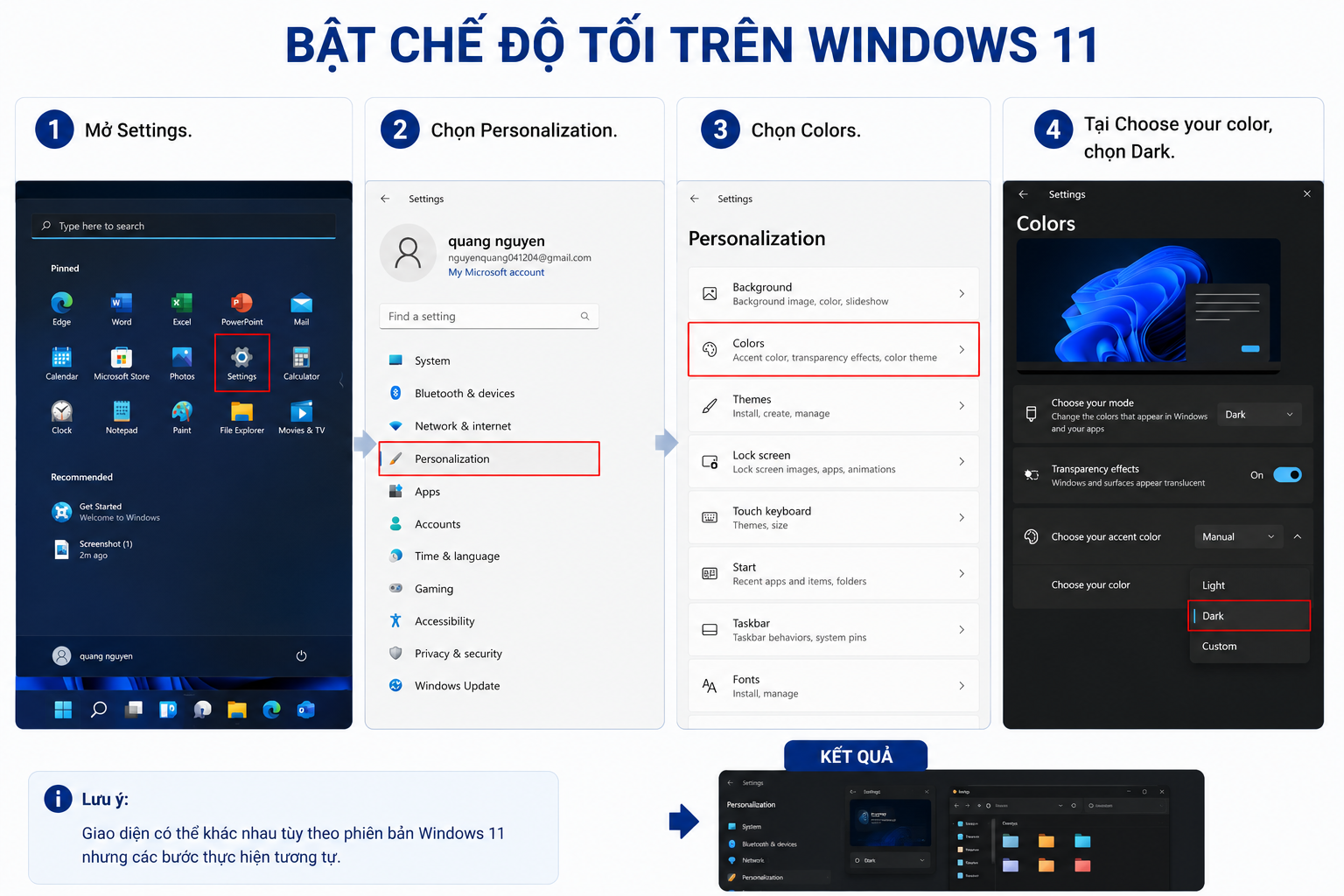 Bật chế độ tối trên Windows 11